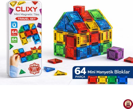 Manyetik Yapı Blokları - 64 Parça Seyahat Tipi Mini Bloklar Metal Saklama Kutulu Çanta Boy Renkli