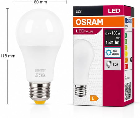 OSRAM LED Value Classic A100 E27 LED Ampul 13W 1521 Lümen 100W Eşdeğeri Uzun Ömürlü Enerji Tasarruflu Ampul 10'lu Paket (Beyaz Işık)
