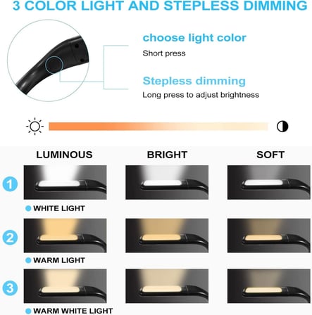 LED Kitap Okuma Işığı Esnek Kitap Boyun Işığı Ayarlanabilir Parlaklık Masa Lambası 3 Renk Okuma Işığı Bükülebilir Kollu Işık Tamir İçin Uygun Gece Koşusu Yürüyüş Type-C Şarj Girişli Kamp FH8