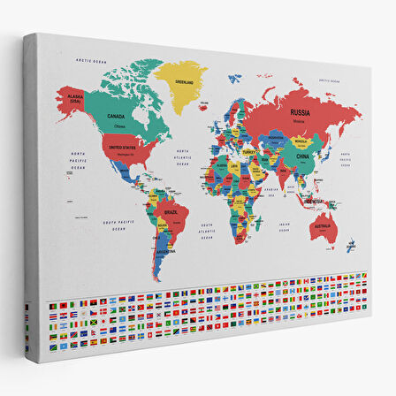 Harita Sepeti Dünya Haritası Ülke Bayraklı ve Dekoratif Kanvas Tablo 2393