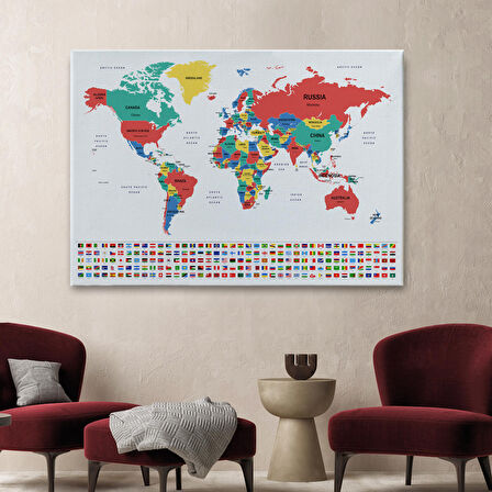 Harita Sepeti Dünya Haritası Ülke Bayraklı ve Dekoratif Kanvas Tablo 2393