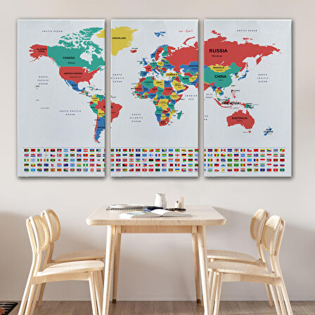 Harita Sepeti Dünya Haritası Ülke Bayraklı ve Dekoratif Kanvas Tablo 2393