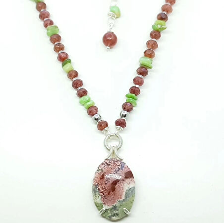 2393 Yosunlu Akik çilek Kuvars Sedef el yapımı kolye