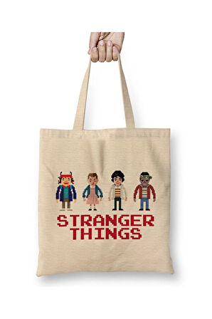 The Kids Of Stranger Things Pixellated Bez Çanta Uzun Saplı Alışveriş Çantası Plaj Çantası