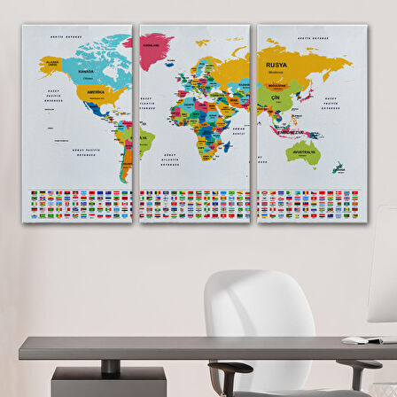 Harita Sepeti Türkçe Dünya Haritası Kanvas Tablo Ülke Bayraklı ve Dekoratif 2394