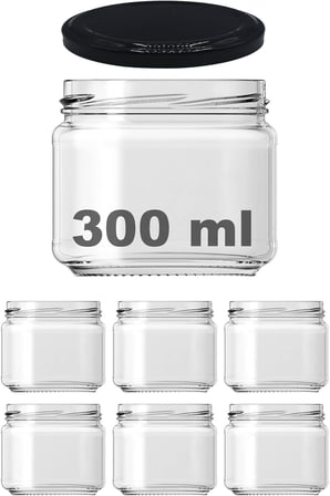 Afracam 300 ml Şeffaf Konserve Cam Kavanoz Metal Siyah Kapaklı 6 Adet (300 cc)