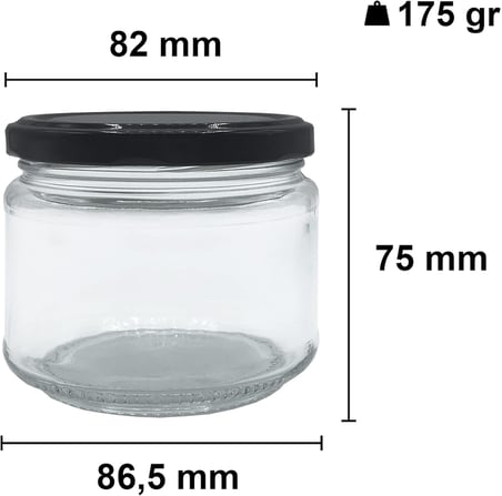 Afracam 300 ml Şeffaf Konserve Cam Kavanoz Metal Siyah Kapaklı 6 Adet (300 cc)
