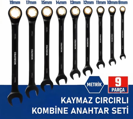 WP202602 8-19mm 9 Parça CR-V Profesyonel Cırcır Kombine Anahtar Takımı + Bez Taşıma Kılıfı