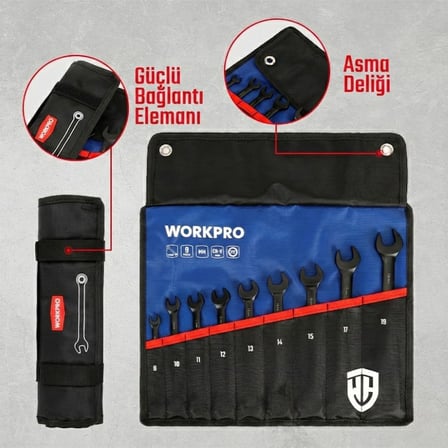 WP202602 8-19mm 9 Parça CR-V Profesyonel Cırcır Kombine Anahtar Takımı + Bez Taşıma Kılıfı