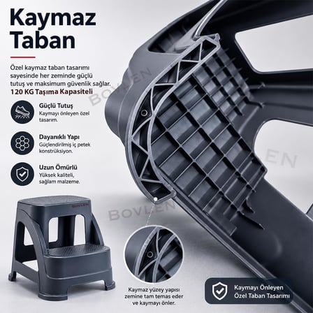 İki Basamaklı Kaymaz Büyük Boy Tabure - 120 KG Taşıma Kapasiteli - Basamaklı Tabure - Sert Plastik