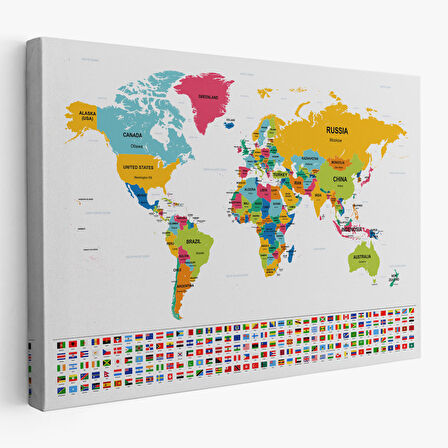Harita Sepeti Dünya Haritası Ülke Bayraklı ve Dekoratif Kanvas Tablo 2395