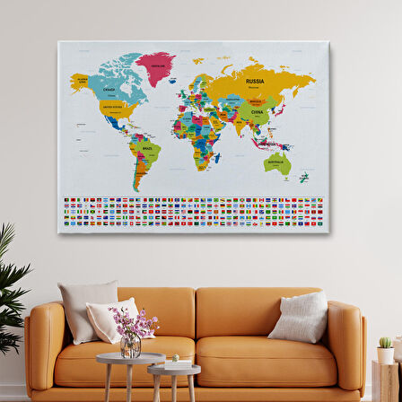 Harita Sepeti Dünya Haritası Ülke Bayraklı ve Dekoratif Kanvas Tablo 2395