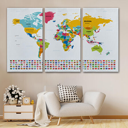 Harita Sepeti Dünya Haritası Ülke Bayraklı ve Dekoratif Kanvas Tablo 2395