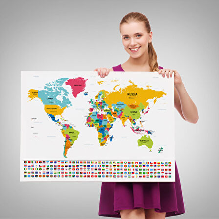 Harita Sepeti Dünya Haritası Ülke Bayraklı ve Dekoratif Kanvas Tablo 2395