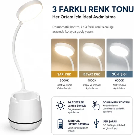 Masa Lambası Şarjlı Dokunmatik 24 LED’li, 3 Renk Modlu Ayarlanabilir Işık, USB Şarjlı, Esnek Gövde, Modern Masa ve Gece Lambası