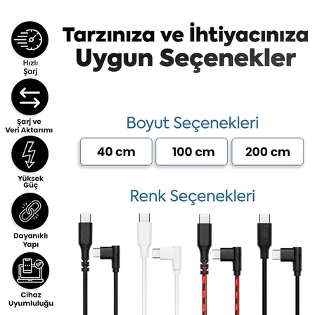 Type-C to Type-C ile Uyumlu iPhone ve Samsung ile Uyumlu Hızlı Şarj ve Data Kablosu 100 cm L Tipi Gaming Hasır Örgülü (Kırmızı)