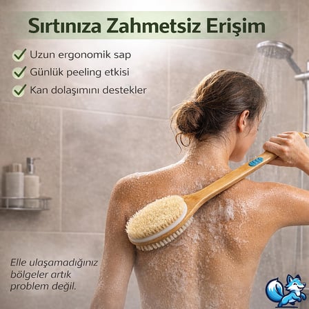 Sırt ve Vücut Temizleme Fırçası - 2 Taraflı Sert &amp; Yumuşak Lifli, Bambu Uzun Saplı (43cm), Ölü Deri ve Gözenek Temizleyici, Pürüzsüz ve Canlı Cilt İçin İdeal