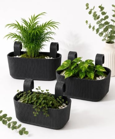 Modern Balkon ve Küpeşte Saksısı 3,2 Litre antrasit Plastik Askılı Dikdörtgen 3'lü Set