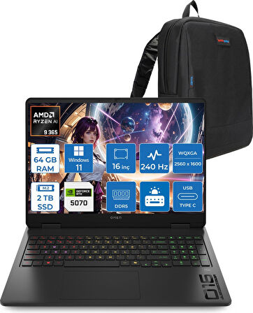 Hp Omen Amd Ryzen™ Aı 9 365 Ddr5 64GB 2tb SSD 16INÇ Wqxga (2560 x 1600), 240 Hz, 3 Ms 500NİTS IPS WINDOWS11HOME Gaming Laptop C52QZEAH29+ZETTAÇANTA