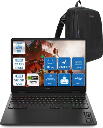 Hp Omen Slim Intel® Core Ultra 9 285H Aı Ddr5 32GB 512GB SSD 8GB/RTX5070 16" Wqxga (2560 x 1600) 240 Hz, 3 Ms 500 Nits IPS Freedos Gaming Laptop CD7J9EAF09+ZETTAÇANTA