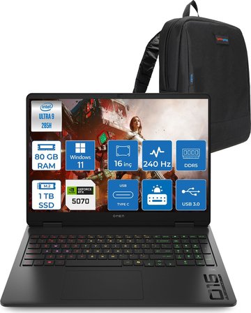 Hp Omen Slim Intel® Core Ultra 9 285H Aı Ddr5 80GB 1tb SSD 8GB/RTX5070 16" Wqxga (2560 x 1600) 240 Hz, 3 Ms 500 Nits IPS WINDOWS11PRO Gaming Laptop CD7J9EAP35+ZETTAÇANTA