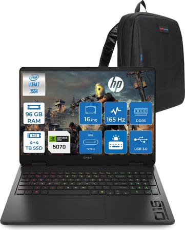Hp Omen Gaming Intel® Core™ Ultra 7 255H Aı Ddr5 96GB 4tb SSD +4tb SSD 8GB/RTX5070 16" 2k (1920 x 1200) 165 Hz, 3 Ms 400 Nits 100% Srgb Freedos Gaming Laptop CD8M2EAF48+ZETTAÇANTA
