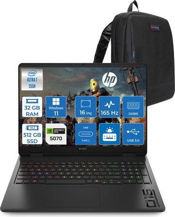 Hp Omen Gaming Intel® Core™ Ultra 7 255H Aı Ddr5 32GB 512GB SSD 8GB/RTX5070 16" 2k (1920 x 1200) 165 Hz, 3 Ms 400 Nits 100% Srgb WINDOWS11HOME Gaming Laptop CD8M2EAH09+ZETTAÇANTA