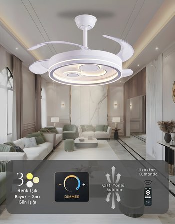 German İç Desenli Tavan Vantilatörü 3 Renk Ledli Gizli Pervaneli Kumandalı Dimmer Ayarlı DC Sistem Isınmaz Motor
