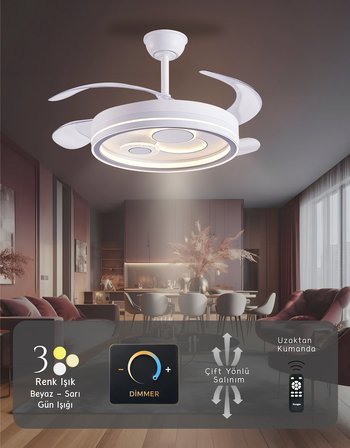 German İç Desenli Tavan Vantilatörü 3 Renk Ledli Gizli Pervaneli Kumandalı Dimmer Ayarlı DC Sistem Isınmaz Motor
