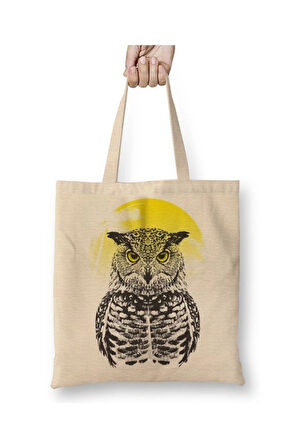 Güneşin Doğuşu Baykuş Beyaz Bez Çanta Uzun Saplı Alışveriş Çantası Plaj Çantası