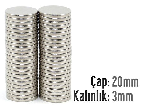 Neodyum Mıknatıs Silindir Çap 20mm , Kalınlık 3mm   ( 3 Adet)