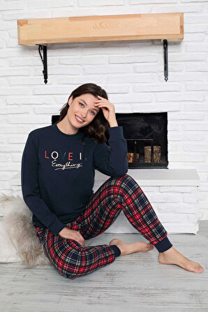 Kadın Bisiklet Yaka Bilek Manşet/Lastikli 2 İplik Cepli Kışlık Jogger Eşofman Pijama Takımı Homewear