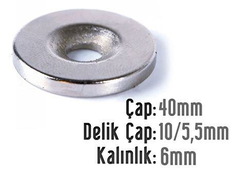 Neodyum Mıknatıs Yuvarlak Havşalı Çap 40mm (delik 10/5.5mm) Kalıklık 6mm 1 Adet