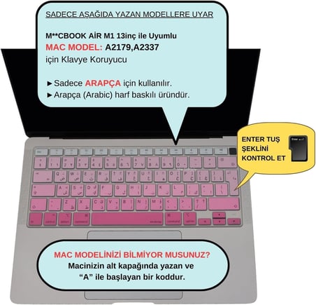 MacBook Air 13 Arapça Klavye Koruyucu A1932 A2179 A2337 M1 | UK ISO Ters L Enter Uyumlu | Arabic Keyboard Cover Touch ID Pembe Pembe