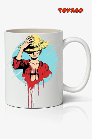 Hasır Şapkalı Luffy One Piece Temalı  Beyaz Kupa Bardak Sevgiliye Arkadaşa Hediye