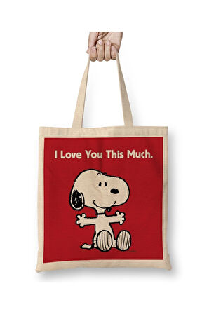 Snoopy And Friends Beyaz Bez Çanta Uzun Saplı Alışveriş Çantası Plaj Çantası