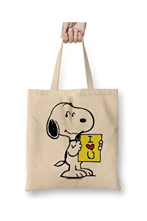 Summer Snoopy Beyaz Bez Çanta Uzun Saplı Alışveriş Çantası Plaj Çantası