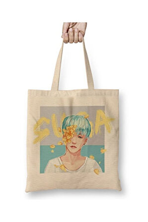 Bts Suga Beyaz Bez Çanta Uzun Saplı Alışveriş Çantası Plaj Çantası