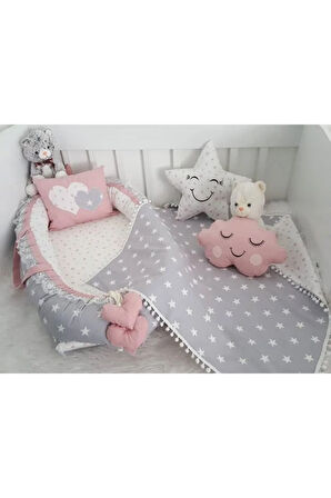 Nest Gri Yıldız Desenli Lüx Ortopedik Jaju-babynest Set Anne Yanı Bebek Yatağı