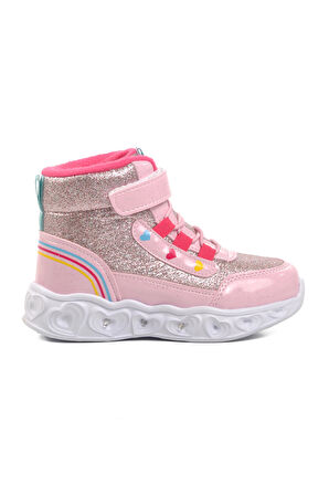 Ayakmod Kids-P Pudra Kalp Desenli Simli Kız Çocuk Sneaker Bot