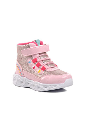 Ayakmod Kids-P Pudra Kalp Desenli Simli Kız Çocuk Sneaker Bot