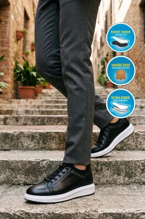 Siyah Hakiki Deri Lastik Bağcıklı Rahat Konfor Tabanlı Erkek Casual Ayakkabı 4190 M