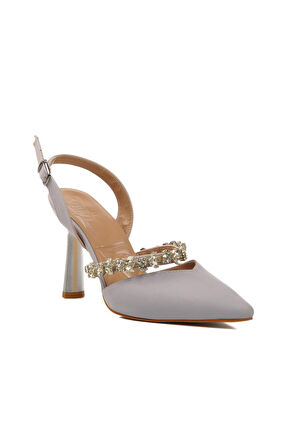 Ayakmod 544012 Gümüş Saten Kadın Taşlı Abiye Ayakkabı