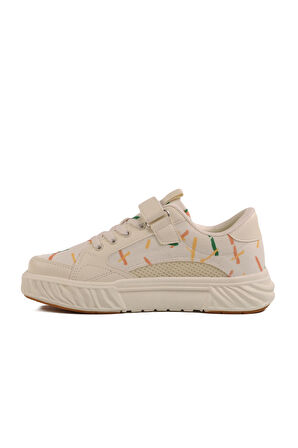 Krem Cırtlı Fileli Hafif Unisex Çocuk Spor Ayakkabı 1883 F