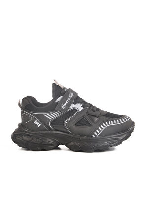 Siyah Cırtlı Fileli Unisex Çocuk Spor Ayakkabı 1500 F