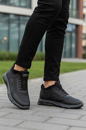 Siyah Lastik Bağcıklı Hafif Esnek Erkek Spor Ayakkabı Kaif 2323 M