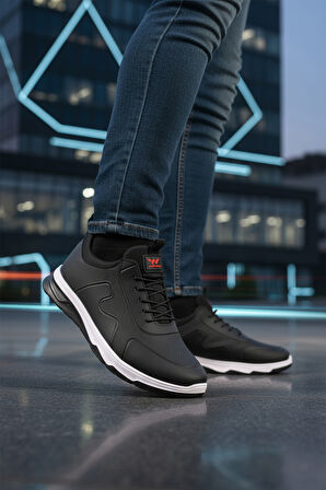 Siyah Kırmızı Lastik Bağcıklı Hafif Esnek Erkek Spor Ayakkabı Kaif 2323 M