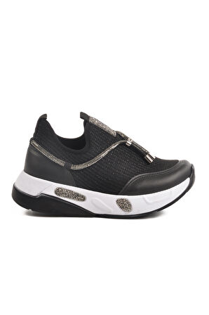 Siyah Beyaz Anorak Taş İşlemeli Kadın Casual Ayakkabı 702498 Z