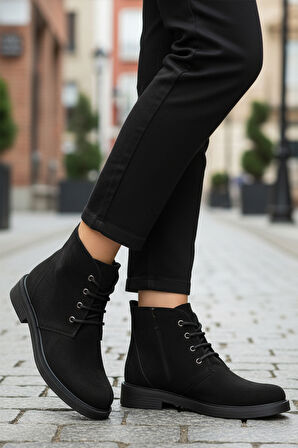 Siyah Süet Bağcıklı Fermuarlı Kaymaz Kadın Bot 284098 Z