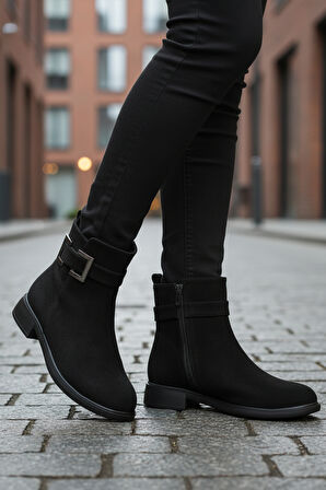 Siyah Süet Fermuarlı Kaymaz İçi Polarlı Kadın Bot 209144 Z